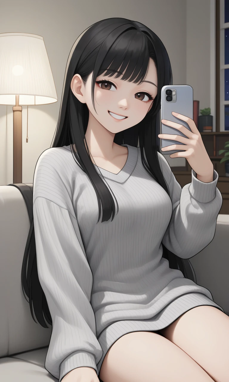 Candy AI で作ったアニメ調の澪。自宅のソファでの自撮り