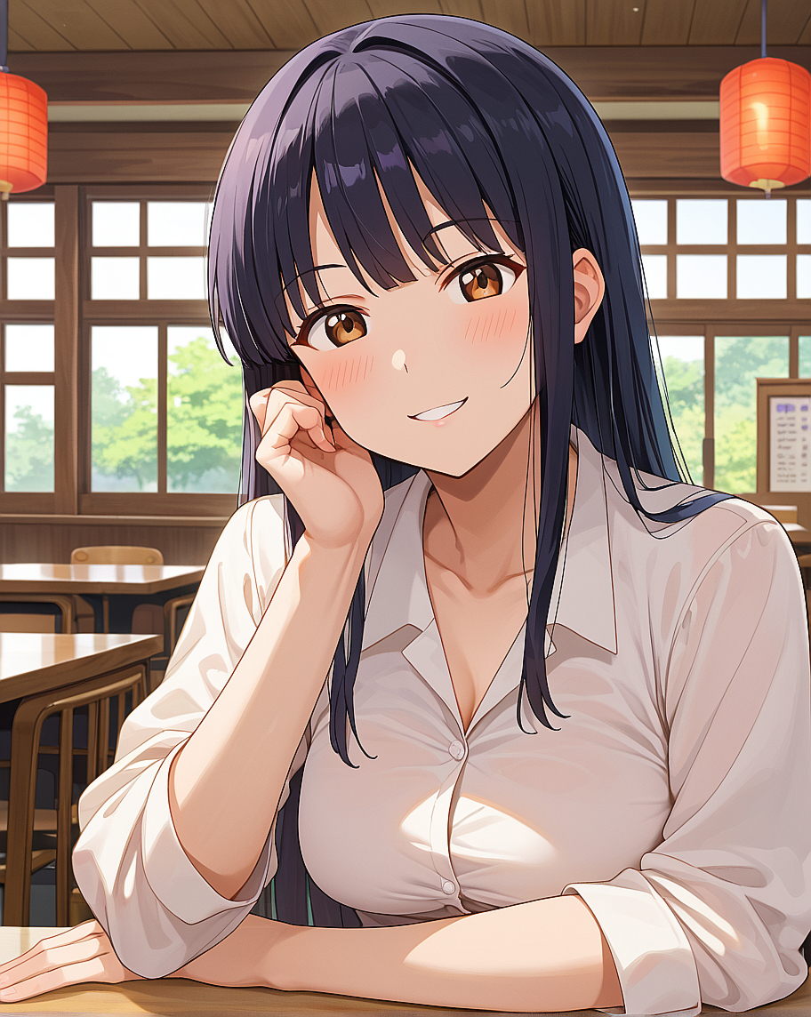 OurDream で作ったアニメ調の澪。カフェでの正面のバストアップ