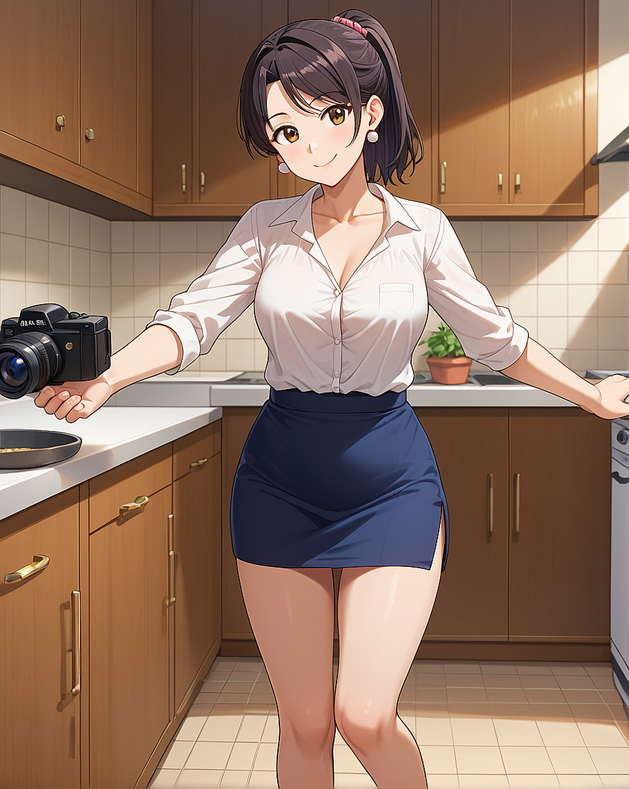 OurDream のシーン生成で作った澪。台所で白いブラウスと紺のスカート