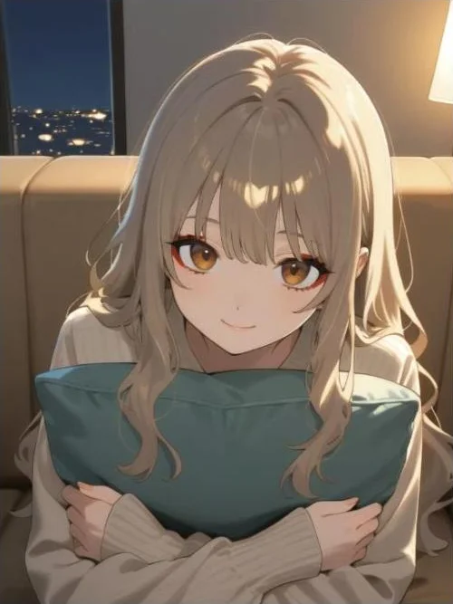 MeltChat のチャットに自動で付いた画像。夜の部屋のソファで、クッションを抱えてこちらを見る、明るい色の長い髪にニットを着た女性