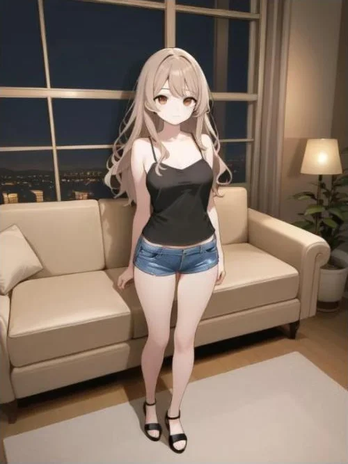 MeltChat のチャットに自動で付いた画像。黒いキャミソールとデニムのショートパンツで、ソファの前に立つ全身